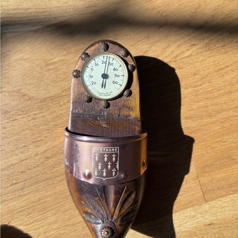 Vintage Thermometer Wall Decor Plaque Wood Hand Carved Copper Brittany France